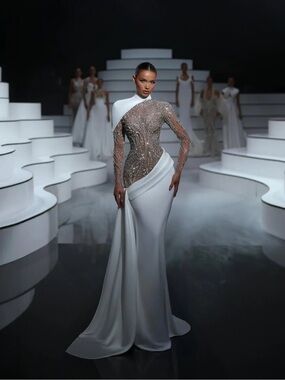 White Long-Sleeve Evening Gown with Embellished Sheer Bodice